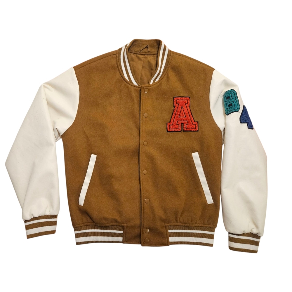 Brown and White Varsity Jacket with Patches